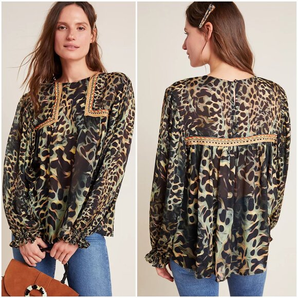 Anthropologie Blank London Joelle Leopard Peasant Blouse L large green gold - Picture 2 of 10